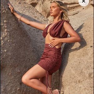 PrettyLittleThing PLT brown ruched skirt and crop top set